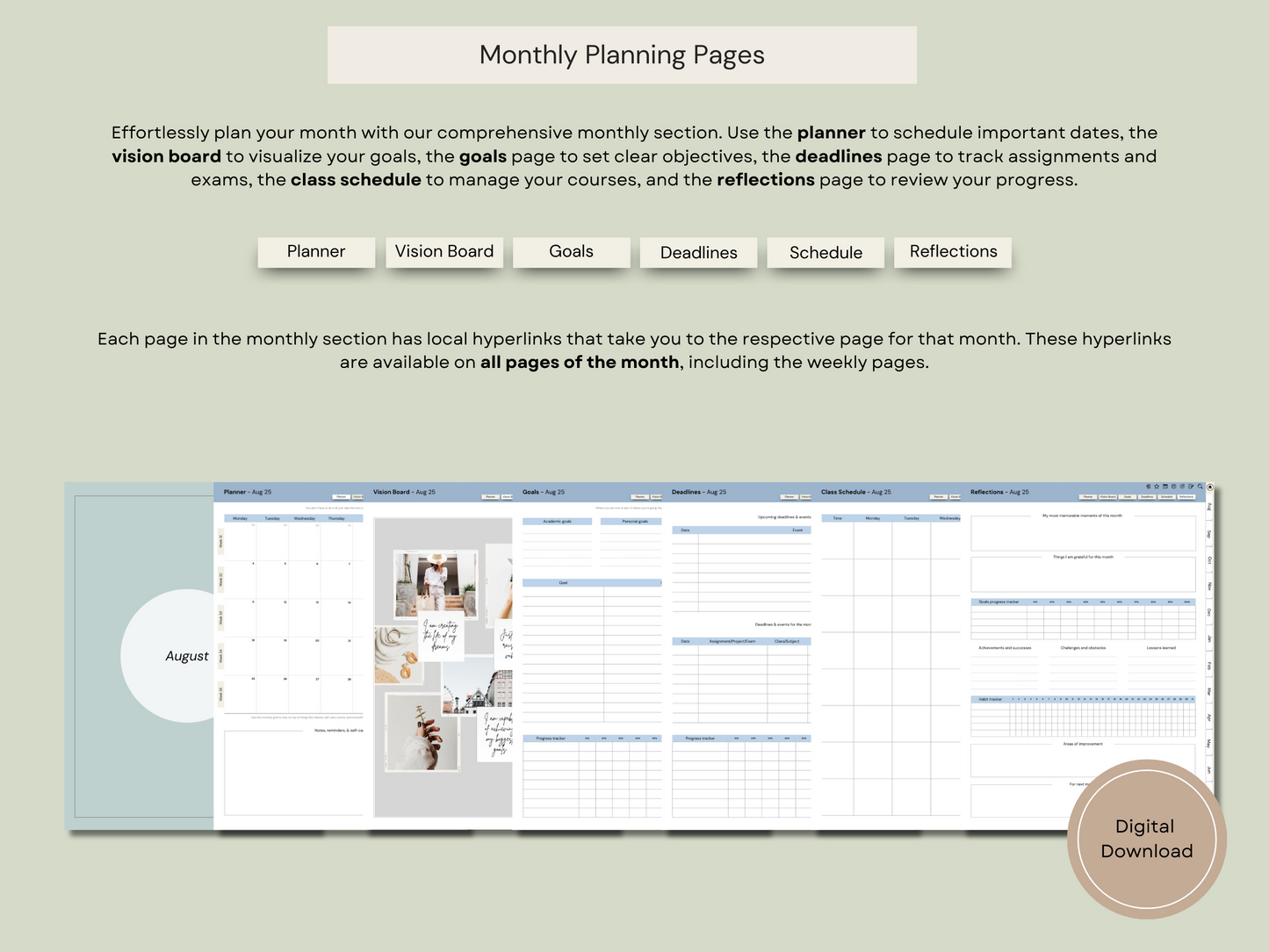 A visual breakdown of the monthly hyperlinks using the daily planning page from the digital student planner.