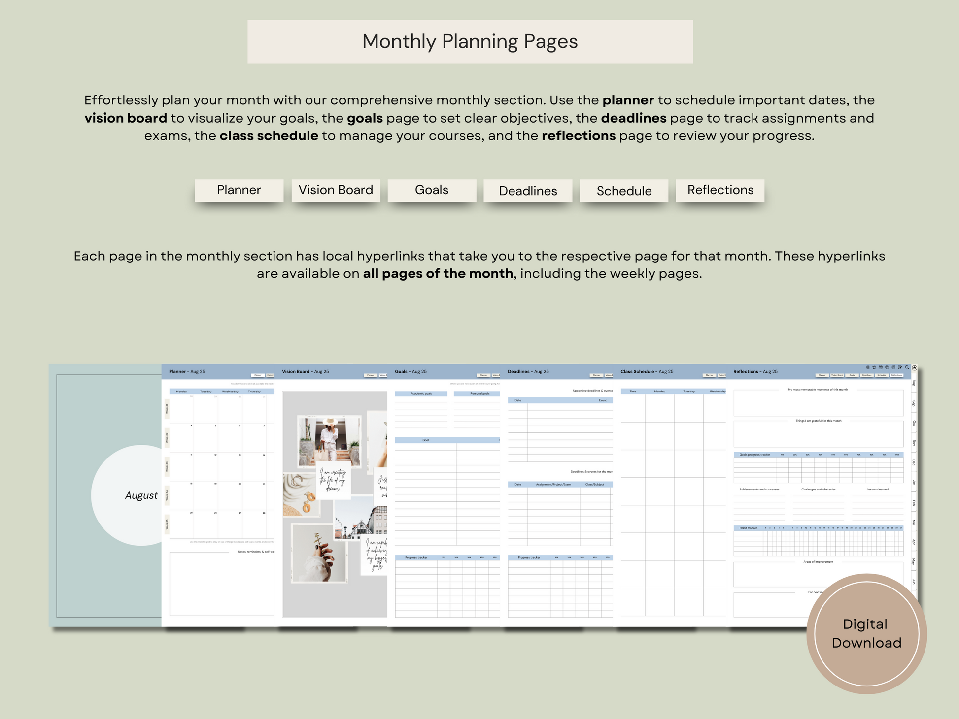 A visual breakdown of the monthly hyperlinks using the daily planning page from the digital student planner.
