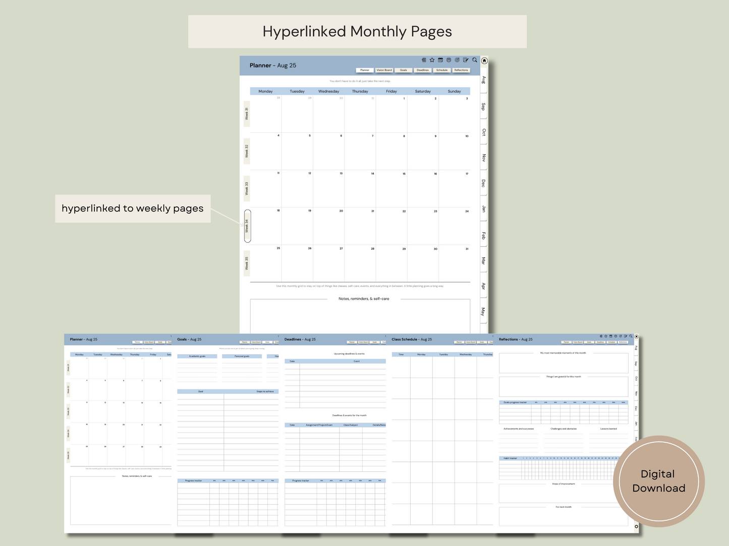 A visual breakdown of the monthly hyperlinks using the daily planning page from the digital student planner.