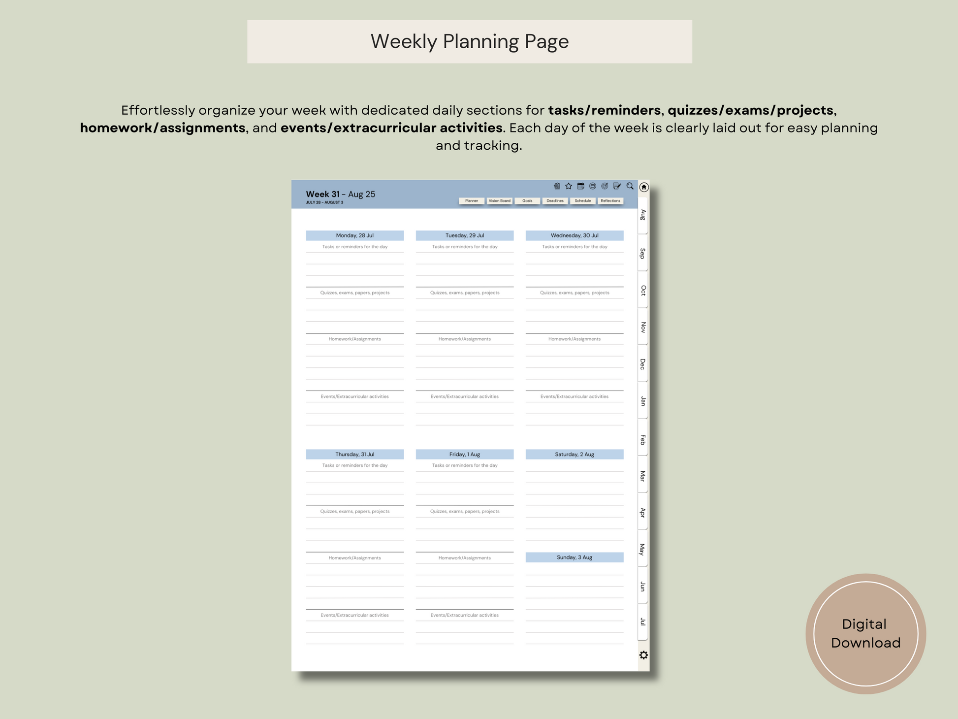 A walkthrough of how the study planning and tracking features in this digital study planner for students help you stay on top of your schedule.