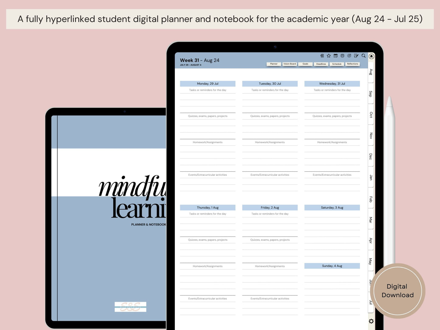 Fully Hyperlinked Digital Student Planner and Notebook (Aug 24 – Jul 25) by Sage and Sirius – Digital Notebook for Goodnotes & Notability on iPad