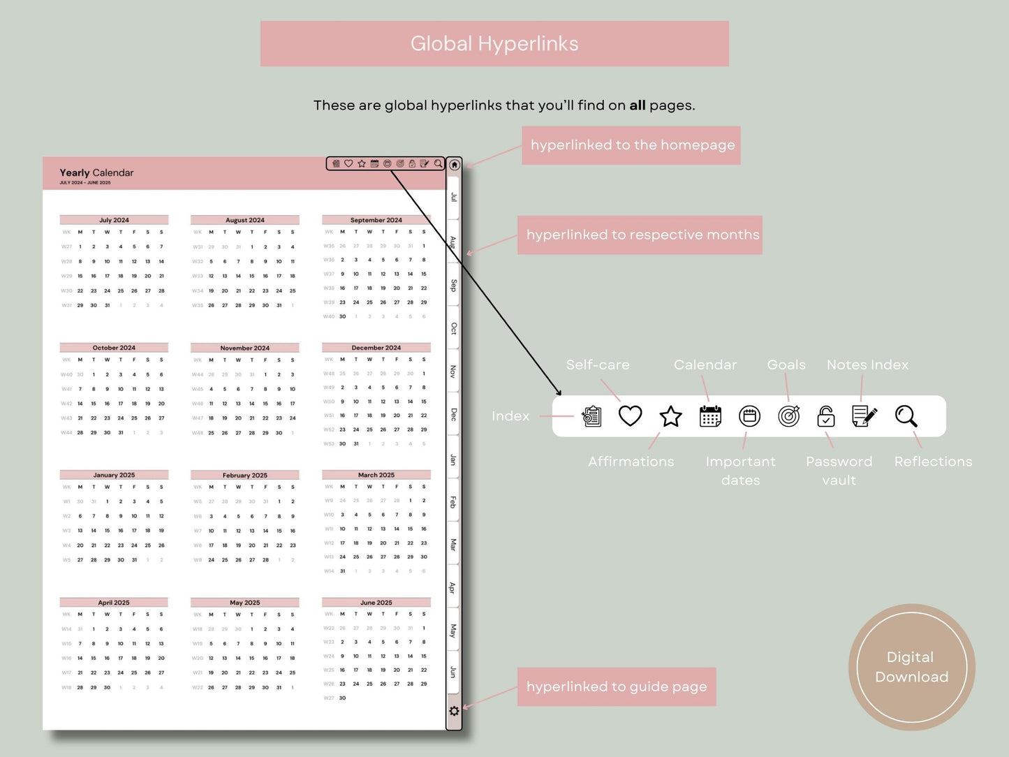 Fully Hyperlinked Mindful Living Midyear (July 2024 – June 25) Digital Journal and Planner