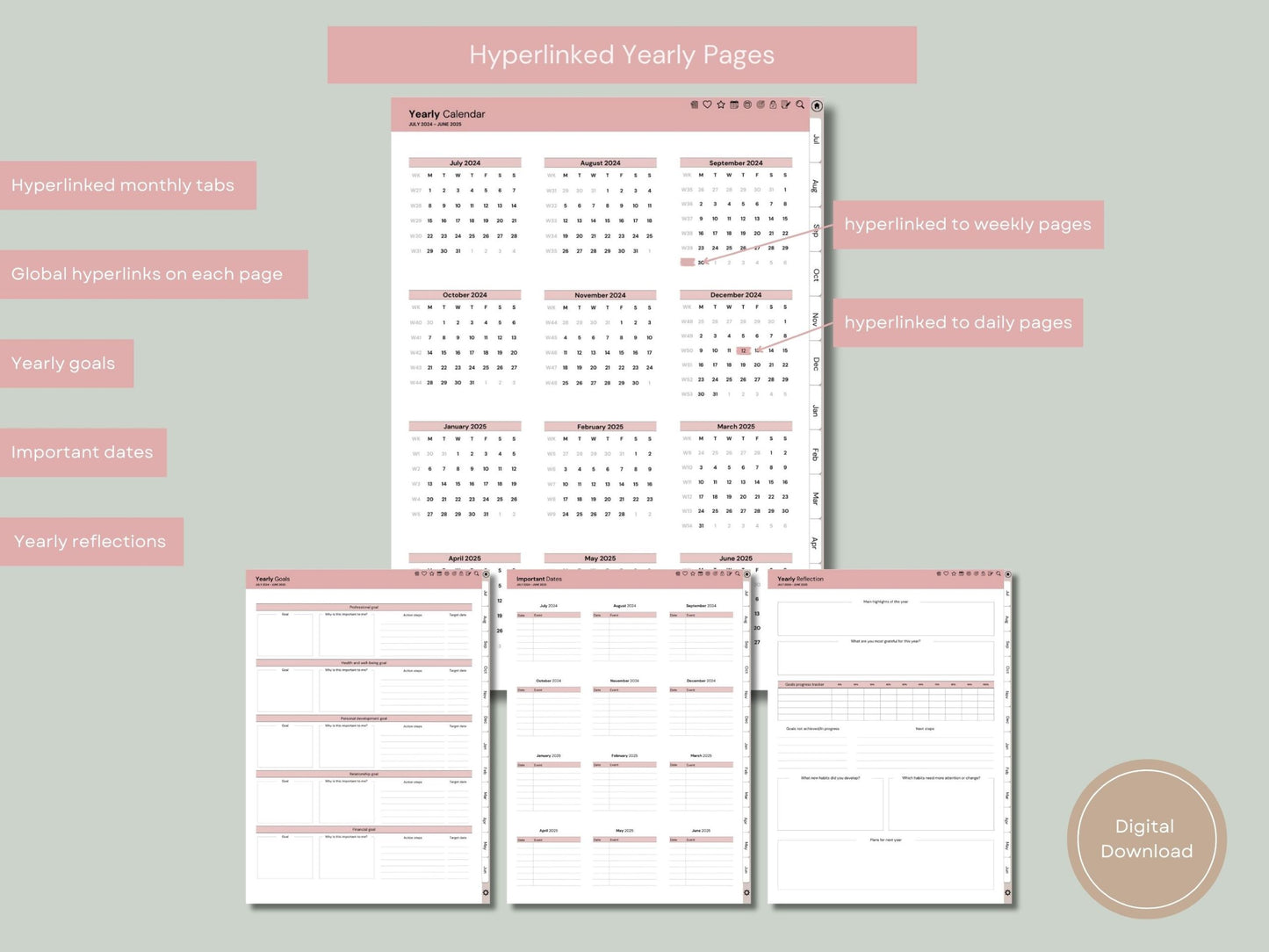 Fully Hyperlinked Mindful Living Midyear (July 2024 – June 25) Digital Journal and Planner