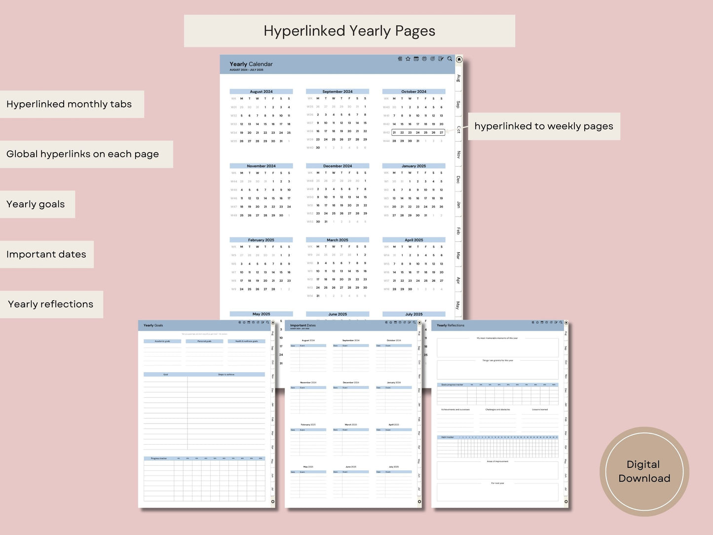 Fully Hyperlinked Digital Student Planner and Notebook (Aug 24 – Jul 25) by Sage and Sirius – Digital Notebook for Goodnotes & Notability on iPad