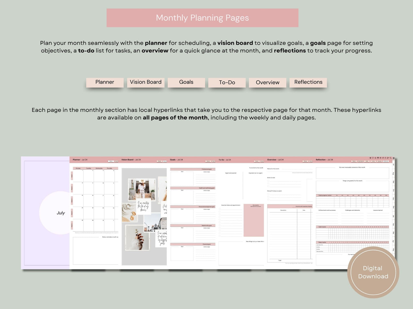 Fully Hyperlinked Mindful Living Midyear (July 2024 – June 25) Digital Journal and Planner