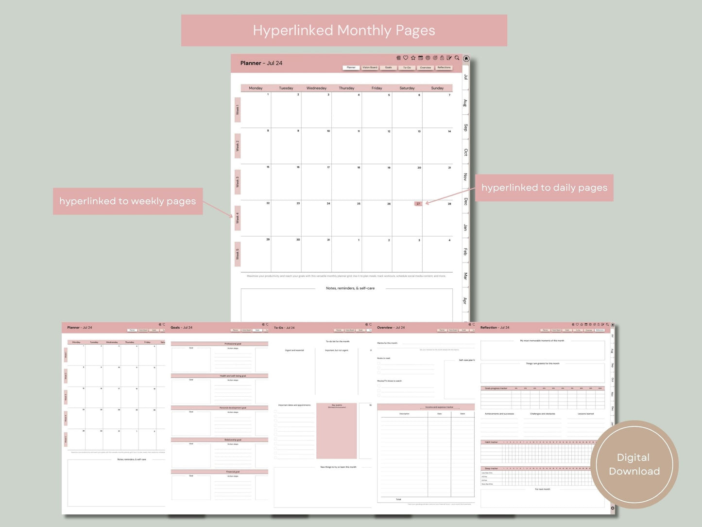 Fully Hyperlinked Mindful Living Midyear (July 2024 – June 25) Digital Journal and Planner