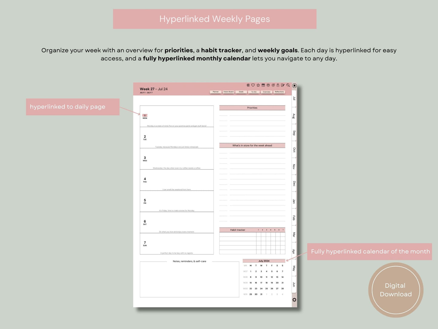 Fully Hyperlinked Mindful Living Midyear (July 2024 – June 25) Digital Journal and Planner